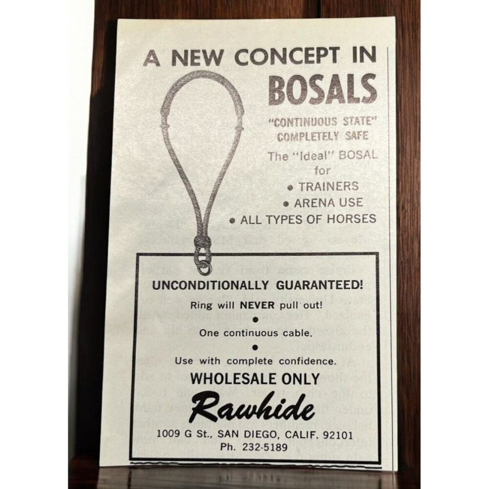 Rawhide Bosals Vintage Mini Print Ad 1970s Horse Trainers Arena Use San Diego CA
